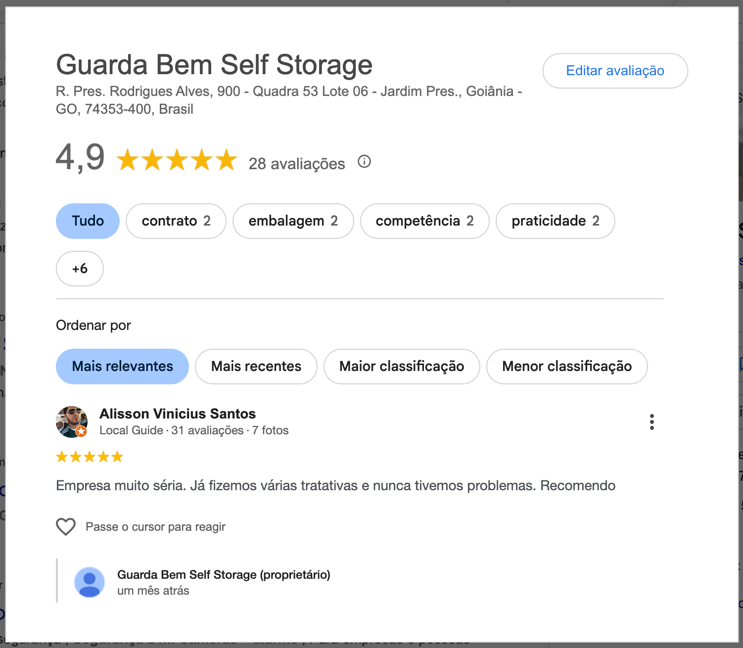 Nota google 4,9 de 5